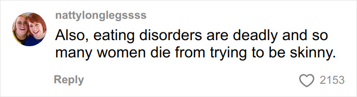 Screenshot of a social media comment discussing eating disorders and criticizing aspects of the body positivity movement.