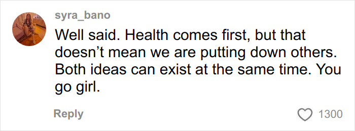 Comment highlighting the importance of health while respecting others, related to former body positivity influencer's statement.
