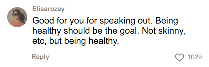 Comment from former body positivity influencer supporting health over radical movement, emphasizing being healthy rather than skinny.