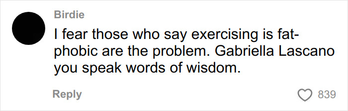 Comment by user Birdie expressing concern about fat-phobic exercise criticism amid body positivity movement debate.