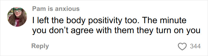 Comment from former body positivity influencer expressing anxiety and criticism of the radical body positivity movement online.