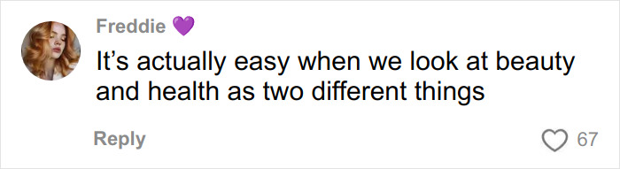 Comment by a user named Freddie discussing beauty and health as separate concepts in the body positivity movement debate.