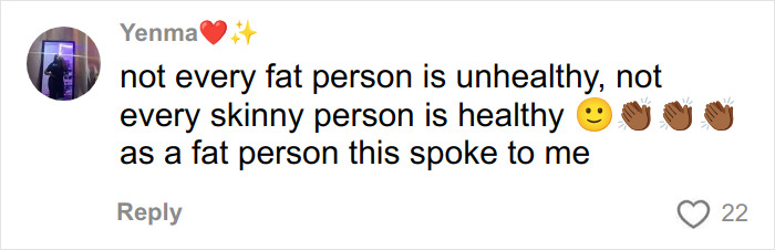 Comment from former body positivity influencer expressing views on health and challenging radical movement ideas.