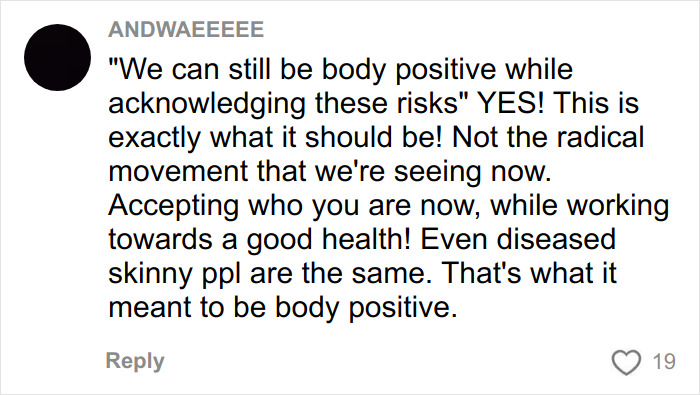 Comment discussing body positivity, criticizing the radical movement, and emphasizing acceptance and health balance.