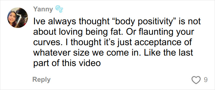 Comment discussing body positivity and acceptance of all sizes, reflecting on views about the body positivity movement.