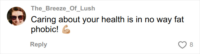 Screenshot of a social media comment discussing health and opposing fat phobia in the body positivity movement debate.