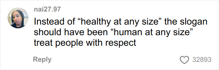 Comment expressing critique of the body positivity movement, emphasizing respect and authenticity over slogans.