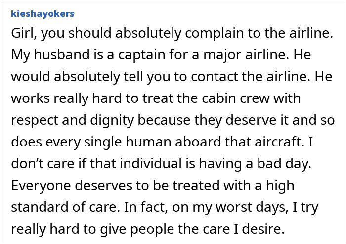 Comment about airline complaint and cabin crew respect related to ex-Vogue editor cabin micro-aggression incident.