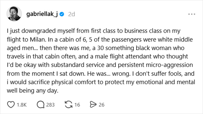 Tweet from ex-Vogue editor sharing experience of leaving first class cabin full of white middle aged men due to micro-aggression.