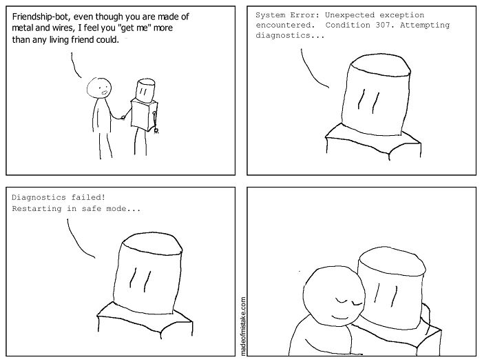 Minimalistic comic showing a human connecting emotionally with a robot friendship-bot in simple line art style.