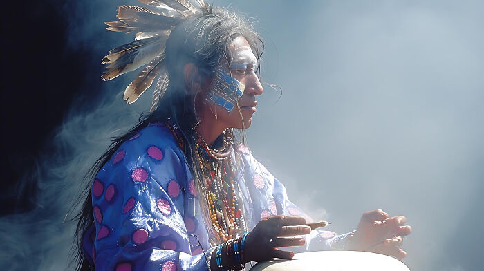 Native American man in traditional attire playing a drum amid smoke, capturing a moment of cultural expression.