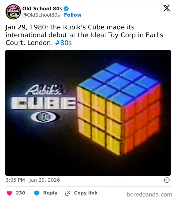 Rubik's Cube debut image shared on an 80s nostalgia X page followed by over 300K people.