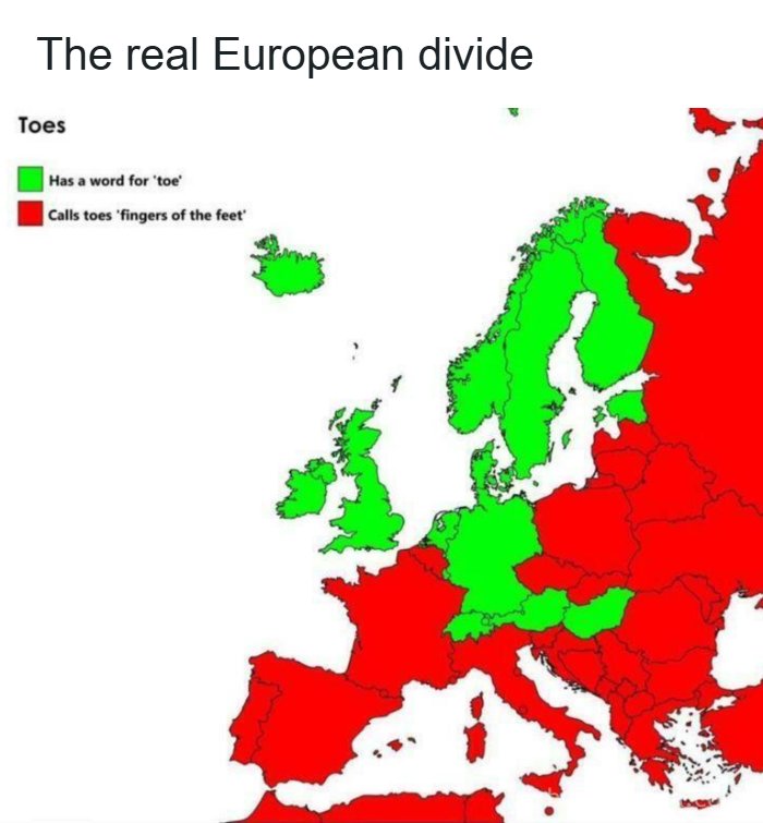 Map of Europe showing geography memes about countries calling toes either toes or fingers of the feet in green and red.