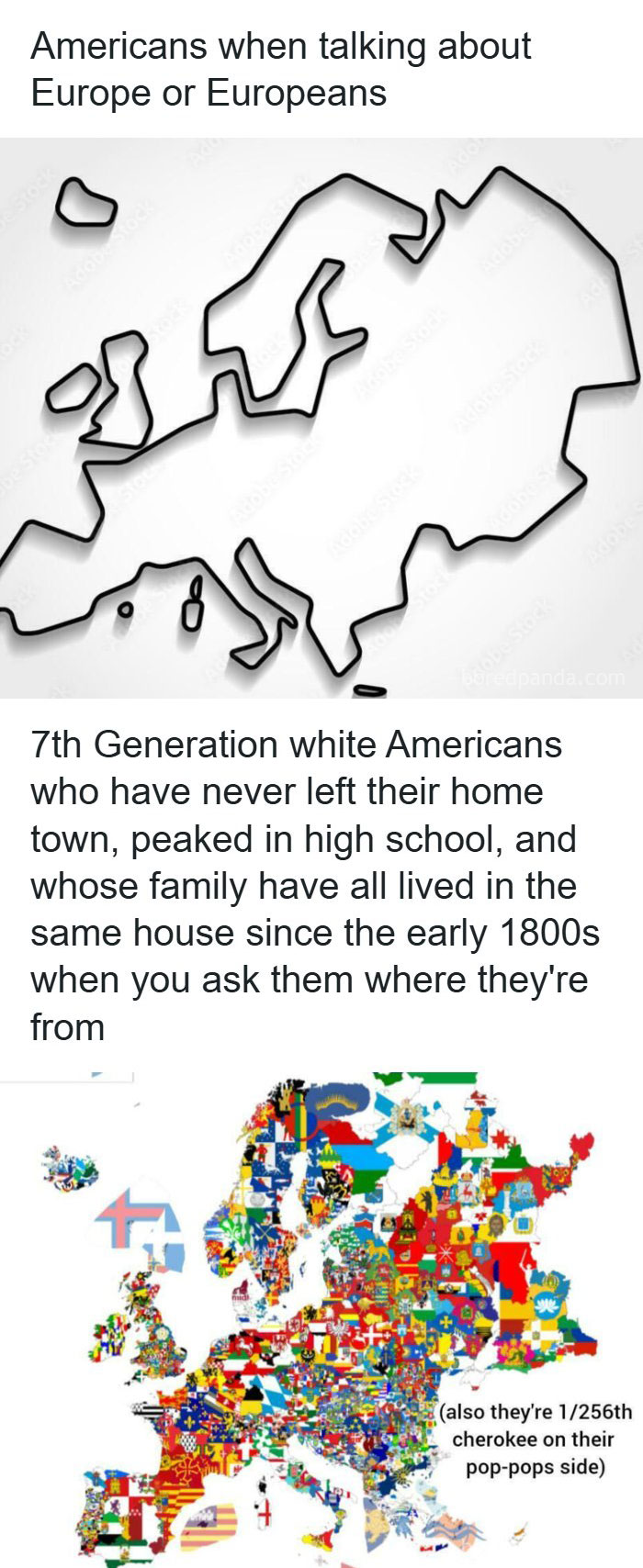 Humorous geography meme showing simplified versus detailed map of Europe with flags representing cultural diversity.