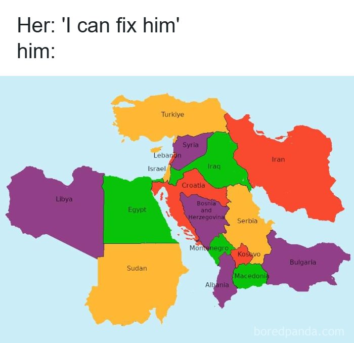 Map meme showing incorrect geography borders of Middle Eastern and Balkan countries, highlighting funny and silly geography memes.
