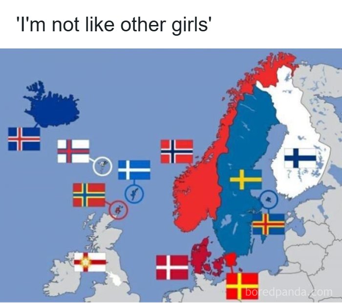 Map of Nordic countries with their flags highlighting geography humor in funny and silly memes about all things geography.