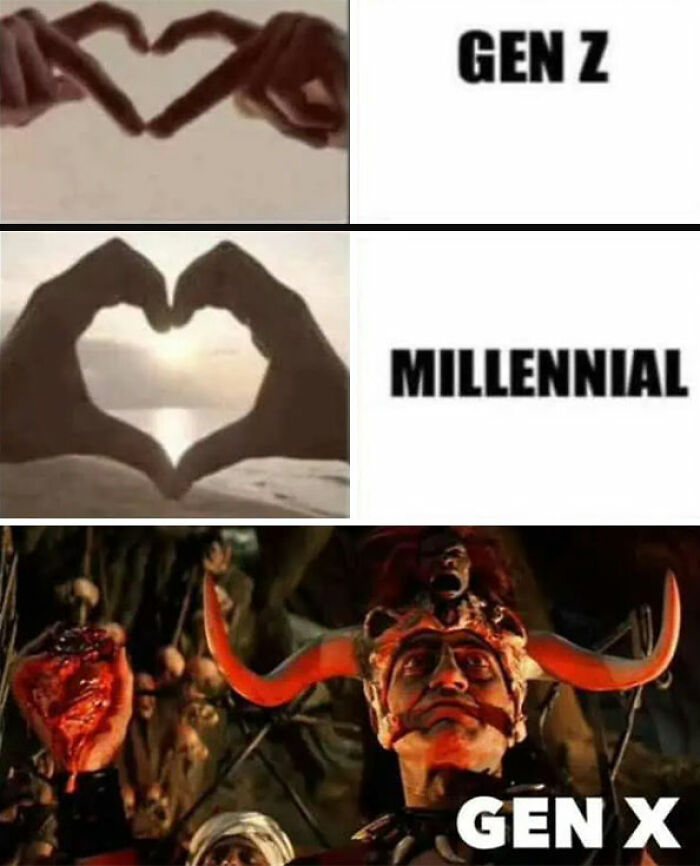 Three-panel meme comparing different generations' hand heart gestures, with a science fiction character for Gen X in the last panel.