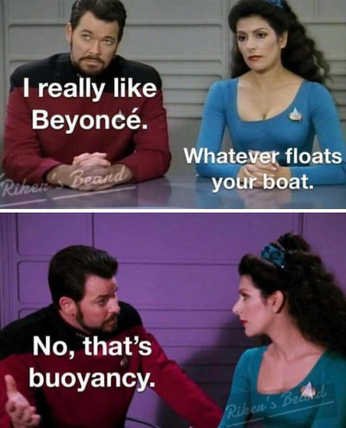 Two scenes from a science fiction show featuring a humorous debate about Beyoncé and the concept of buoyancy.