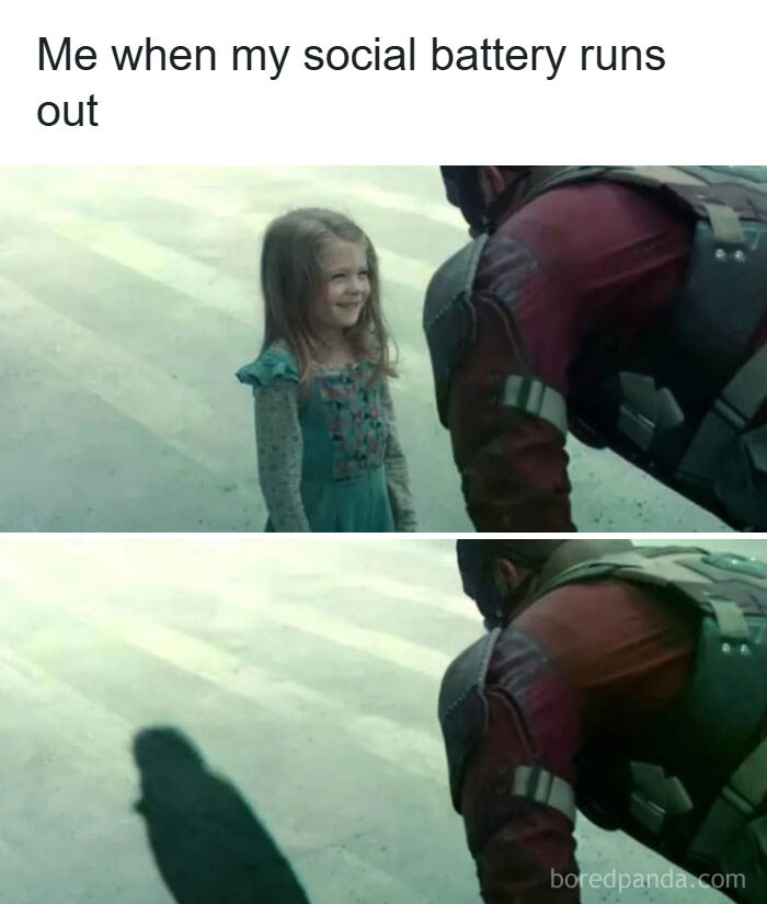 Funny and relatable meme showing a young girl smiling and a science fiction character turning away as social battery runs out.