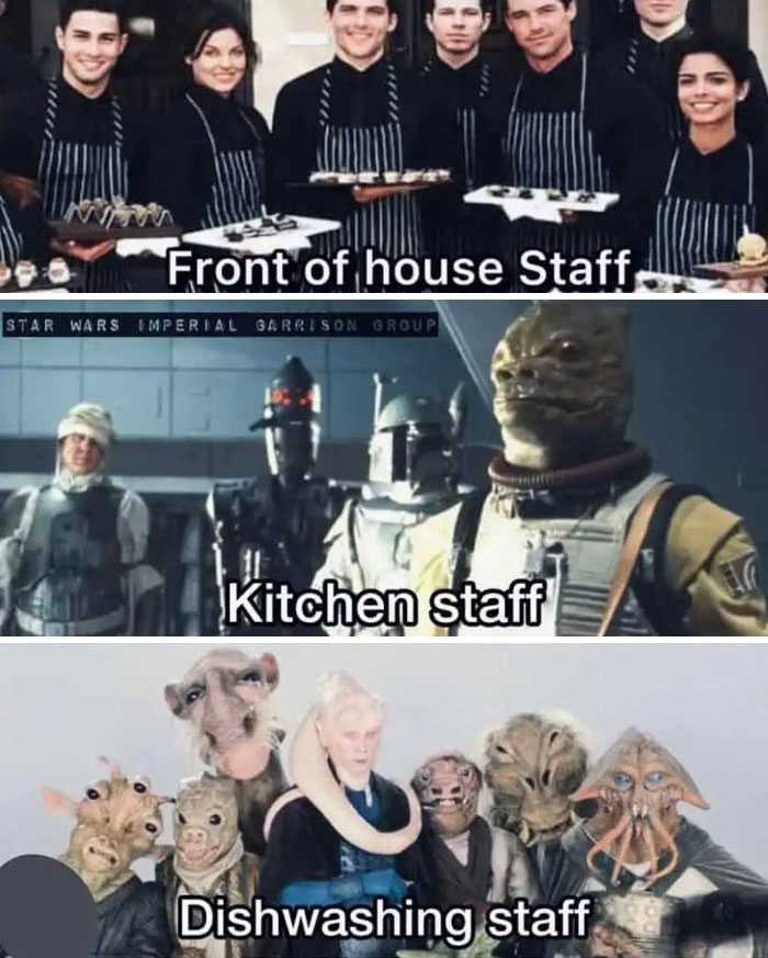 Funny and relatable science fiction nerds meme showing different Star Wars characters as restaurant staff roles.