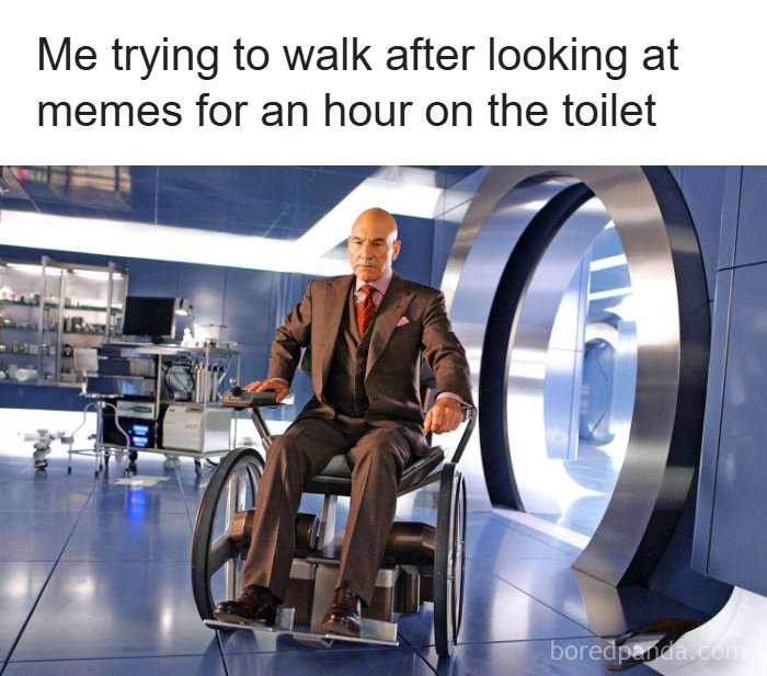 Man in wheelchair from science fiction movie meme about struggling to walk after looking at memes for an hour, relatable for sci-fi nerds.