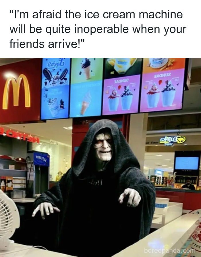 Emperor Palpatine meme at a fast food counter, a funny and relatable meme for science fiction nerds.