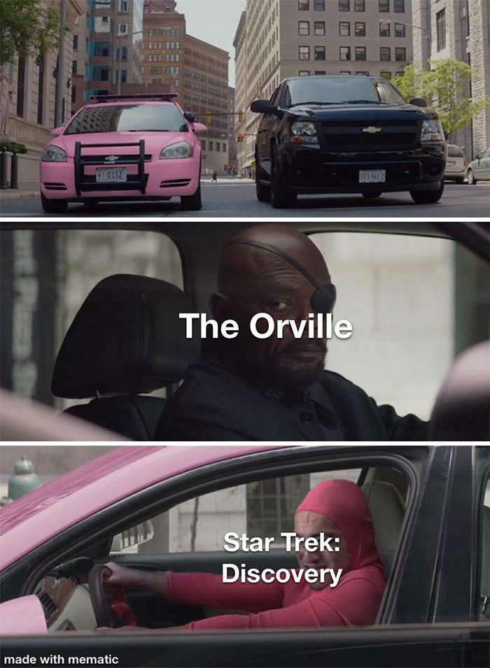 Two cars in a city street with captions referencing science fiction nerd memes about The Orville and Star Trek Discovery.