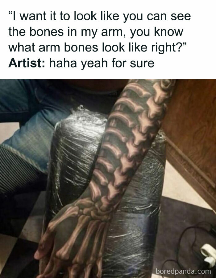 Arm tattoo of inaccurate arm bones, illustrating one of the 79 people marked for their own stupidity with terrible tattoos.
