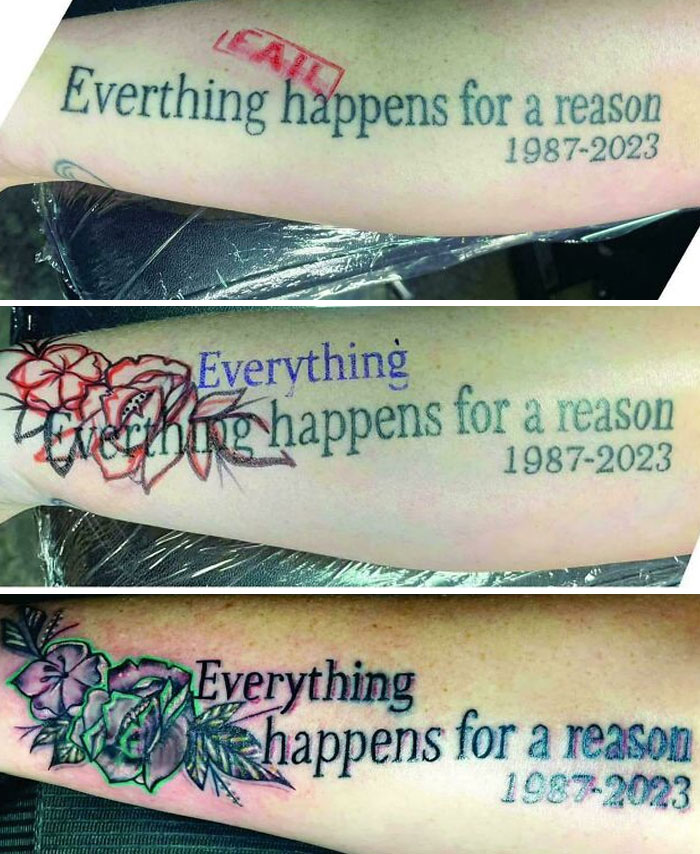 Three stages of a tattoo cover-up on an arm featuring the phrase with visible errors, highlighting terrible tattoos and poor ink choices.