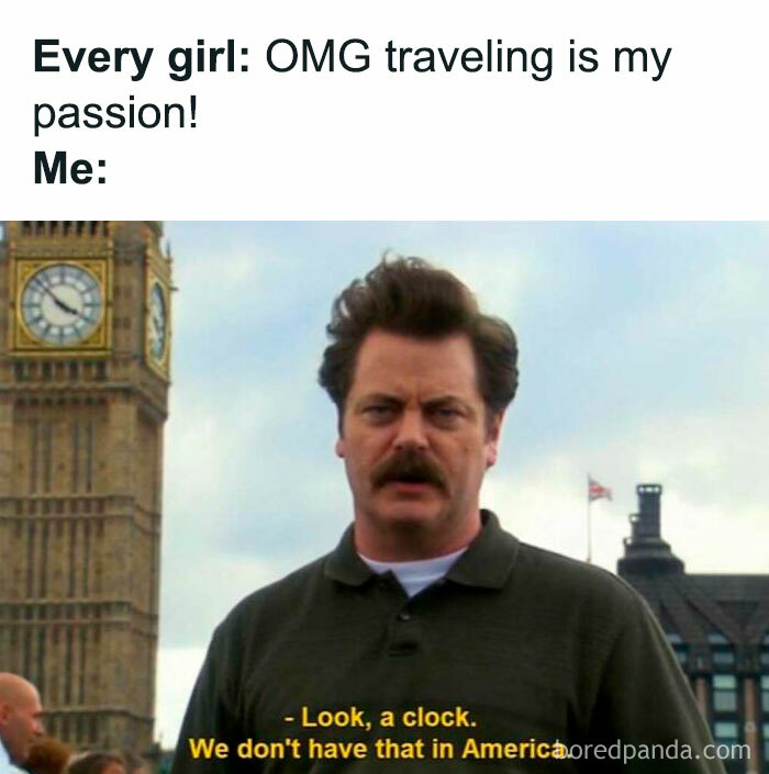 Man in front of Big Ben meme highlighting humor in travel memes about actual travel being expensive.