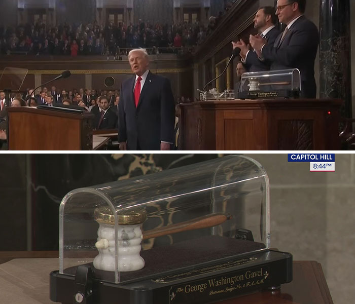 Former president at the State of the Union address with the George Washington Gavel displayed in a clear case.