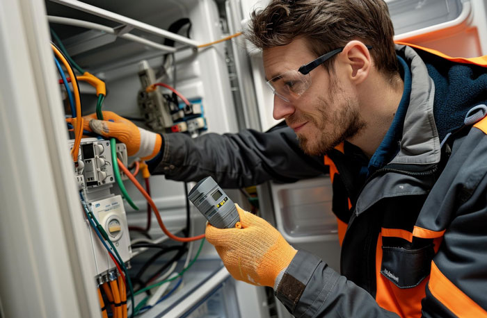 Electrician working with his hands, testing wiring inside electrical panel while wearing safety glasses and gloves.