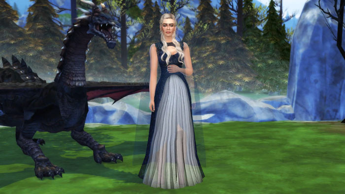 Woman in a flowing dress stands outdoors near a dragon, symbolizing fiction mania and a controlling relationship conflict.