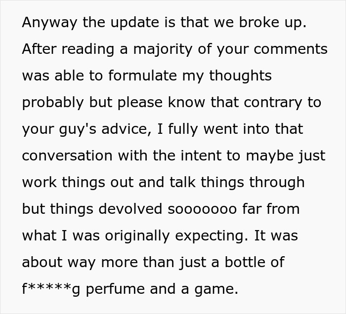 Text excerpt from upset woman after breakup describing unexpected outcome of conversation about her gift.