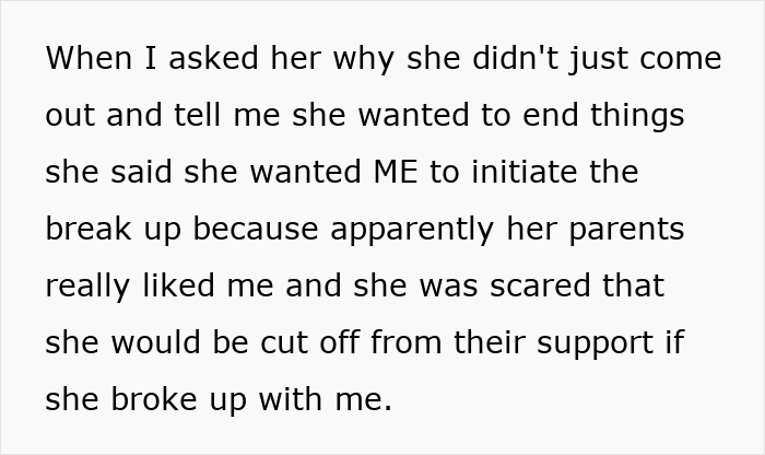 Text explaining why woman wanted her boyfriend to initiate breakup, revealing her fear of losing parental support.