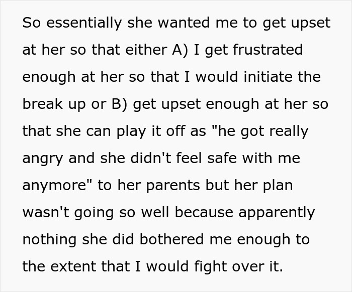 Text excerpt explaining a woman upset because her boyfriend likes her gift, though she expected him to dump her.