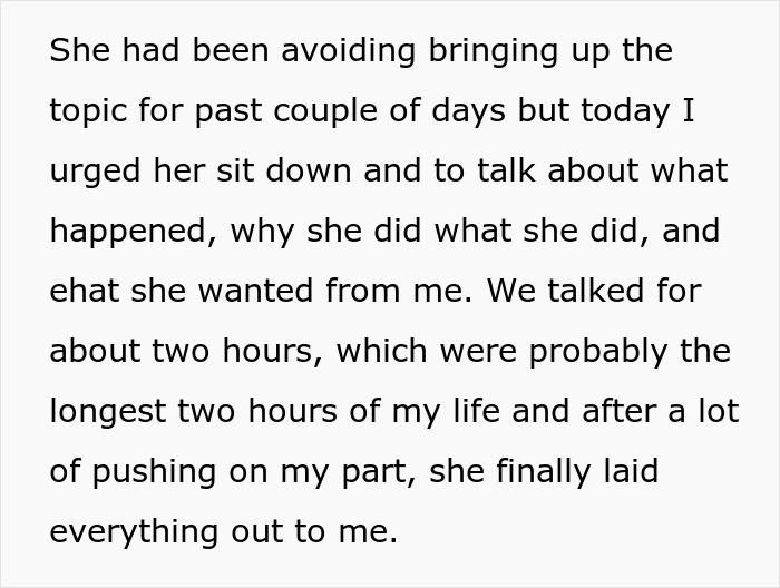 Text excerpt showing a woman upset and a boyfriend liking her gift unexpectedly after a long conversation.