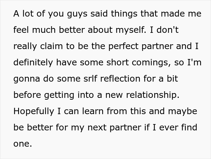 Woman upset boyfriend likes her gift as she expected him to dump her, sharing thoughts on relationships and self-reflection.