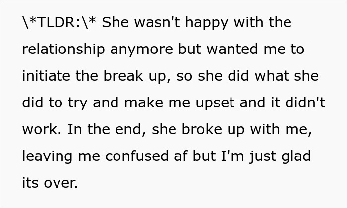Woman upset as boyfriend likes her gift unexpectedly, causing mixed emotions in their relationship breakup.