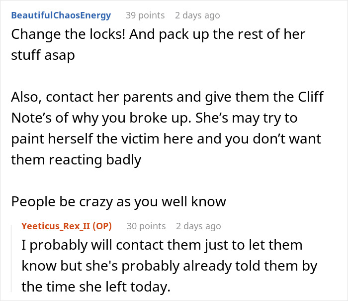 Text conversation about a woman upset her boyfriend likes her gift, discussing breakup and contacting her parents.