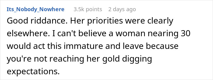 Screenshot of an online comment discussing a woman upset her boyfriend likes her gift, contrary to her expectations.
