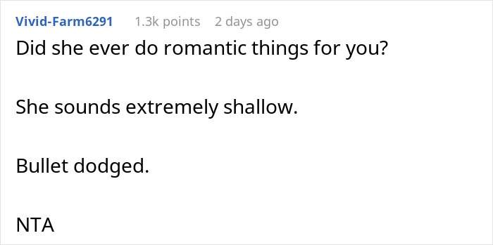 Comment section showing a user discussing a woman upset her boyfriend likes her gift, expecting him to dump her.