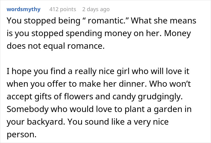 Comment discussing relationship expectations about romance and gifts, relating to upset woman and boyfriend gift reaction.