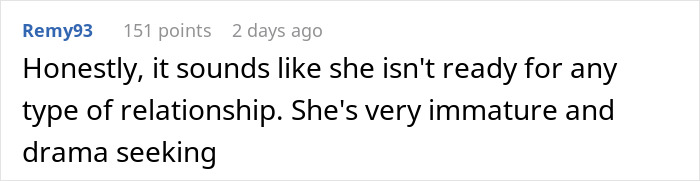 Screenshot of an online comment describing a woman as immature and drama seeking in a relationship.
