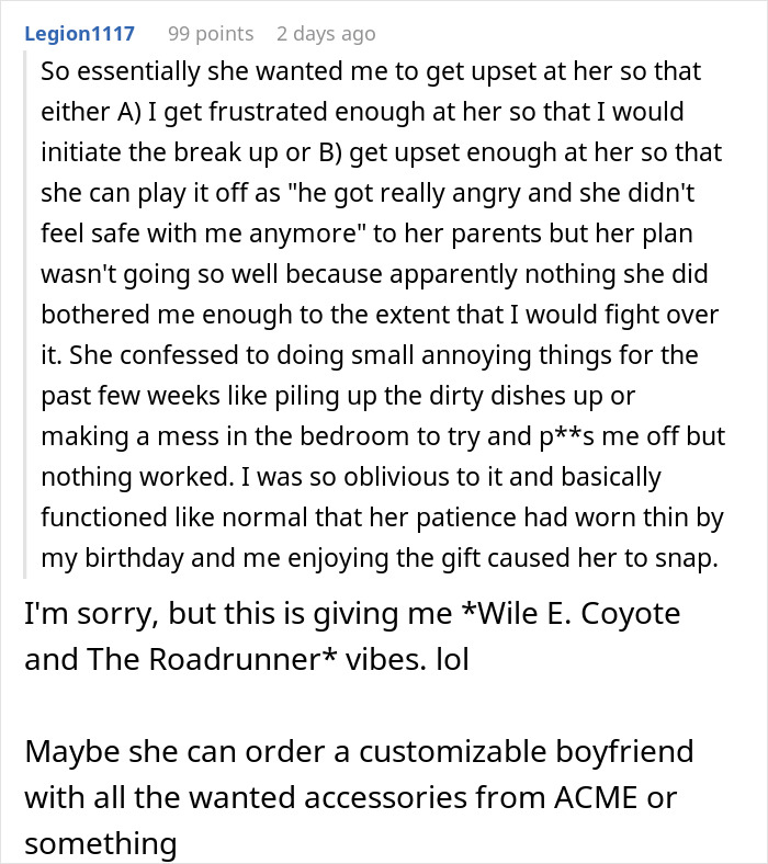 Text conversation explaining a woman's plan to upset her boyfriend, involving gifts and relationship tensions.
