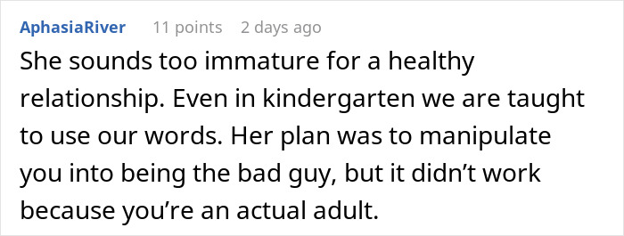 Comment discussing immature behavior in a relationship and failed manipulation attempts by a woman upset her boyfriend liked her gift.