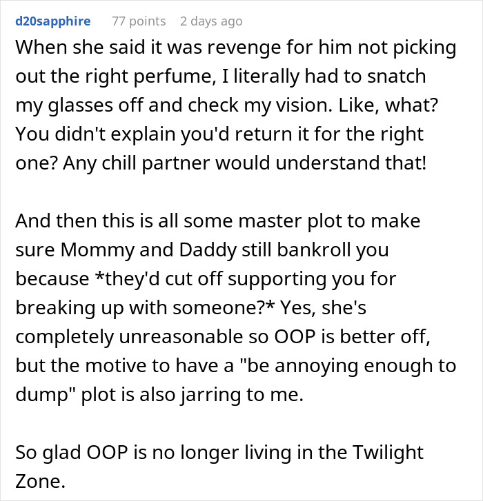 Screenshot of a Reddit comment discussing a woman upset her boyfriend likes her gift, involving relationship and breakup issues.