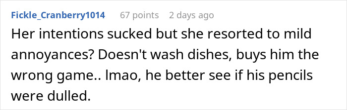 Screenshot of an online comment discussing a woman upset her boyfriend liked her gift despite expecting a breakup.