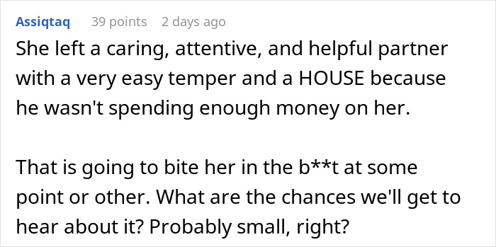 Comment about woman upset boyfriend liking her gift, expecting breakup, reflecting relationship disappointment and frustration.