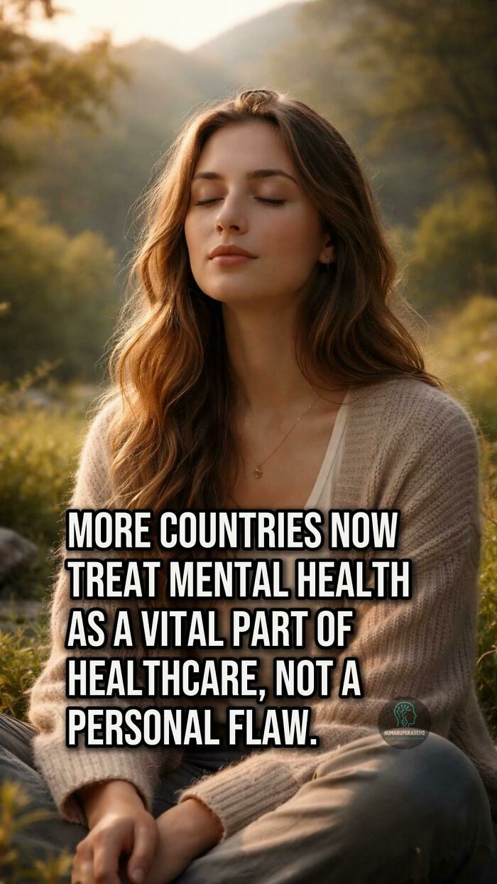 Young woman meditating outdoors with text about mental health being a vital part of healthcare and good things recently.